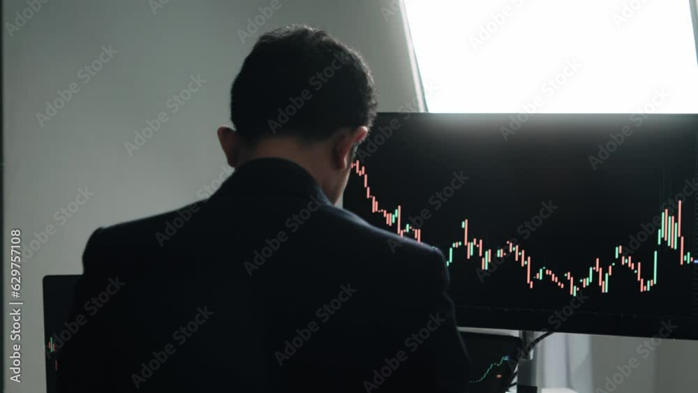 Leinwandbilder Back view of stock market broker in analyzing data and graphs on multiple computer screens while sitting in modern office.