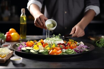 Obraz na płótnie Canvas Photo of a person preparing a fresh and colorful salad on a plate created with Generative AI technology