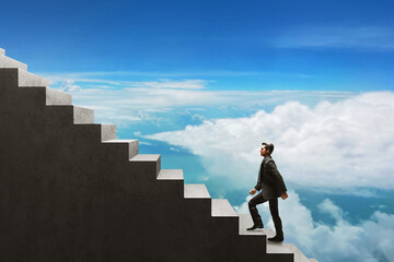Business man climbing stairs in blue sky 3d illustration