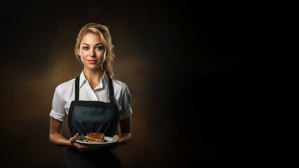 A waitress in an apron with a cake on a plain background with a place for the inscription