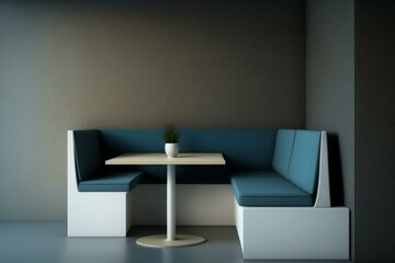 Seating area with seating and table. Room for text. Generative AI