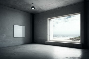 Minimal concrete room with a view of the ocean and industrial floor - perfect for interior design projects. Generative AI