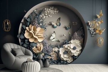 Stunning 3D floral wallpaper with a circular backdrop and beautiful butterflies. Generative AI
