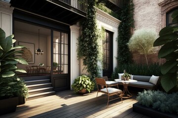 Ground floor terrace with hedges, plants, hardwood floors, sunbeds, and awnings. Generative AI