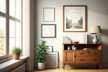 Bright living room with wooden drawer, window, and empty picture frame. Generative AI