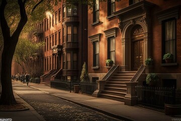 Fototapeta na wymiar Brownstone buildings line a deserted Greenwich Village sidewalk in NYC. Generative AI