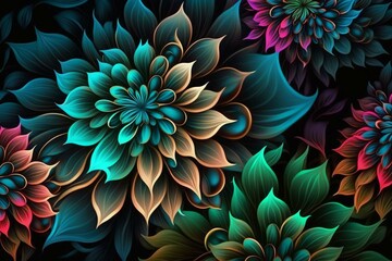 Luxurious colorful flower pattern created by artificial intelligence. Generative AI