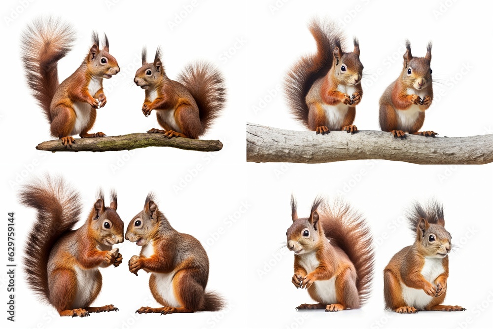 Poster set of squirrels isolated on white background.