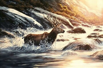 Sika deer frolic in mountain waters as the sun rises. Generative AI