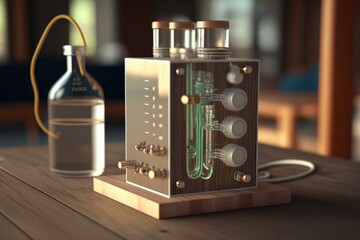 Water electrolysis on wooden table with tubes for hydrogen and oxygen gas production. 3D render. Generative AI