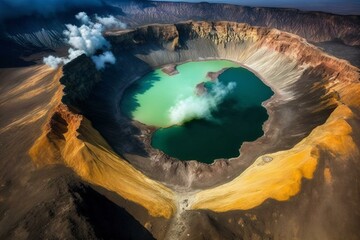 Bird's-eye view of volcanic crater with sulfurous lake. Generative AI