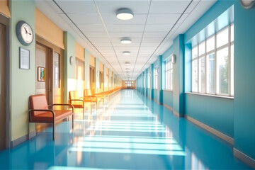 Long hospital bright corridor with rooms and seats