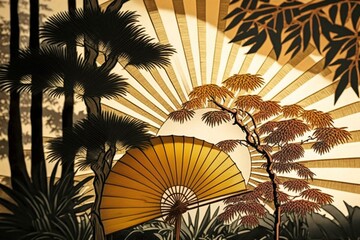 Sunshine illuminates golden fan and pine, bamboo, and plum trees. Generative AI