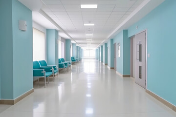 Naklejka na ściany i meble Long hospital bright corridor with rooms and seats