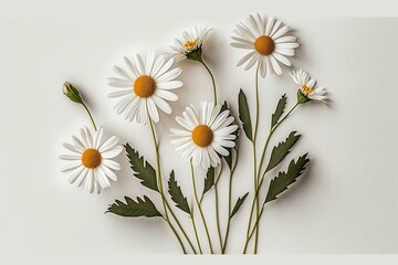 A bunch of white daisies with long stems and leaves isolated on a white background. Flat lay and copy space available. Generative AI
