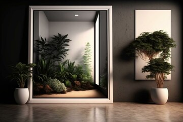 Fototapeta na wymiar Black frame on ground in fake room with plants. Model of framed image for wall. Generative AI