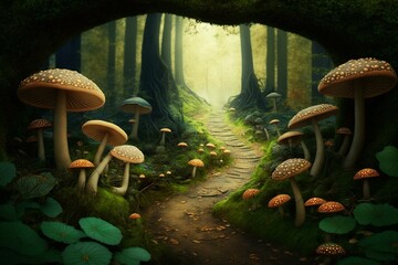 Magical forest scene with a winding trail of mushrooms. Generative AI