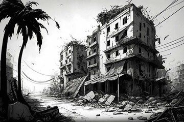 Drawing of ruined urban area after disaster. Generative AI