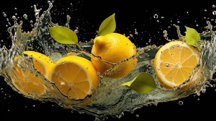 Fototapeta na wymiar fresh yellow lemon splashed with water on black and blurred background