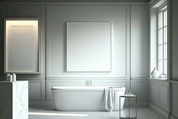 Fototapeta na wymiar Well-lit bathroom with blank white posters and tub. Generative AI