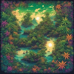 Japanese jungle illustration background. Generative AI