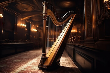 Large harp with its golden strings gleaming in a luxurious concert hall. Old stringed musical instrument. Orchestra harp in Philharmonic. Realistic 3D illustration. Generative AI