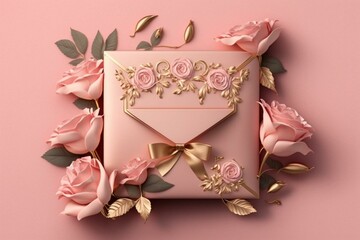 Square envelope surrounded by pink roses and ribbons on pink background, ideal for wedding invitation or mockup. Generative AI