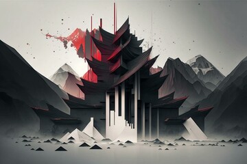 Mountain temple with South Korean influence in abstract minimalist style, created through generative art. Generative AI