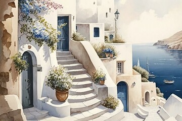 Charming depiction of the stunning blue and white homes of Santorini, evoking Greece's architectural legacy. Generative AI