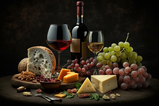 A composition featuring wine, cheese and prosciutto. Generative AI