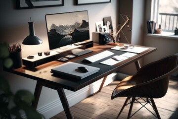 Desk in an office space. Generative AI