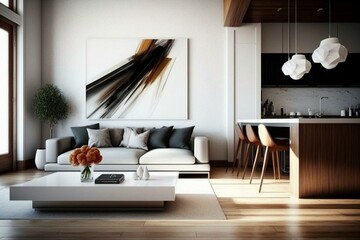 Contemporary decor in a room with clean lines and minimalist furnishings. Generative AI