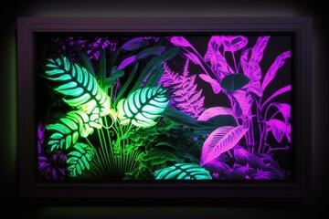 Tropical flora lit by purple & green fluorescent light, enclosed in neon frame. Generative AI