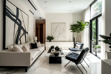 Elegant condo with sleek decor, greenery and contemporary art with modern architecture. Generative AI