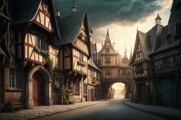 Fototapeta na wymiar Main street of a castle town. Generative AI