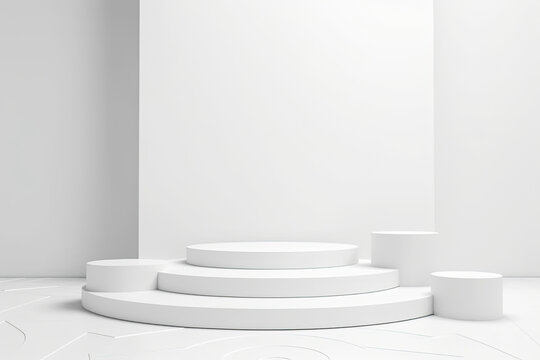Modern white product stage display scene 3D podium background, platform base or empty presentation round stand mockup