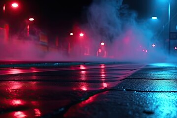 Nighttime Glow: Lively Red and Blue Lights of Street Lamps (Generative AI)