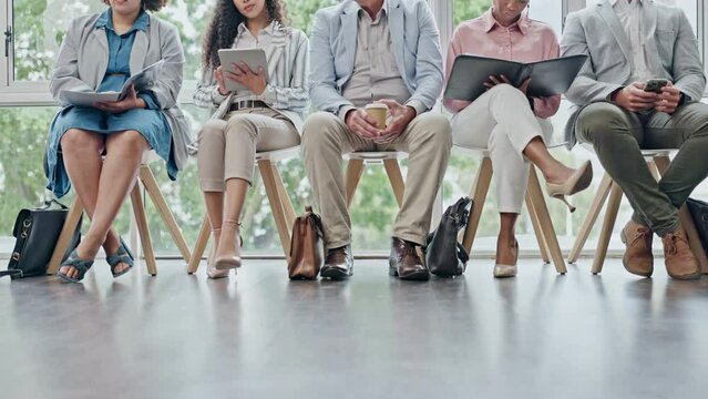 Legs, business people and waiting room for hiring, recruitment or job opportunity. Group, human resources and workers in line for onboarding, hr or career interview for employment in corporate office