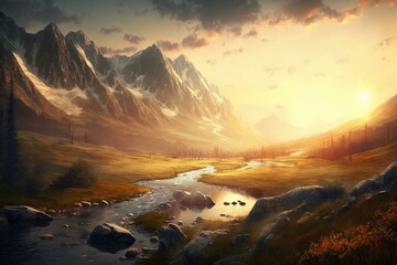 Mountain valley at sunrise, natural summer landscape. Generative AI