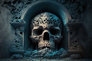Digital artwork of a skull carved into a fantasy stone temple. Generative AI