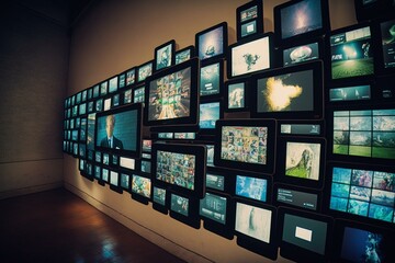 Wall of screens with multimedia content. Generative AI
