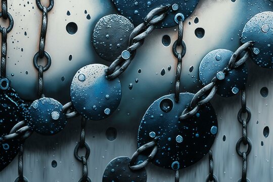 Close up view of a watery chain with blue and gray silver spots. Generative AI
