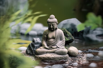 A Buddhist statue at a small lake in a zen garden created with Generative AI technology