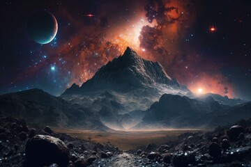 A surreal landscape of a mountain on a distant planet with a stunning view of a galaxy and stars in space. Generative AI - obrazy, fototapety, plakaty