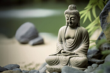A Buddhist statue at a small lake in a zen garden created with Generative AI technology