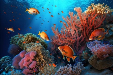 Naklejka na ściany i meble Coral reef in Red Sea, aquatic life. Generative AI
