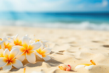 Fototapeta na wymiar Tropical Beach with Plumeria Flowers. Summer Abstract Background