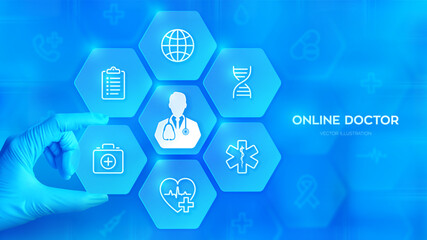 Online Doctor consultation. Online healthcare and medical advise. Hand in blue glove places an element into a composition with medical icons visualizing Telemedicine. E-health. Vector illustration.