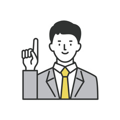 明るい表情で指差しポーズをするビジネスマン男性