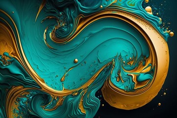 Turquoise and yellow liquid swirls amidst gold powder in an elegant banner design. Generative AI
